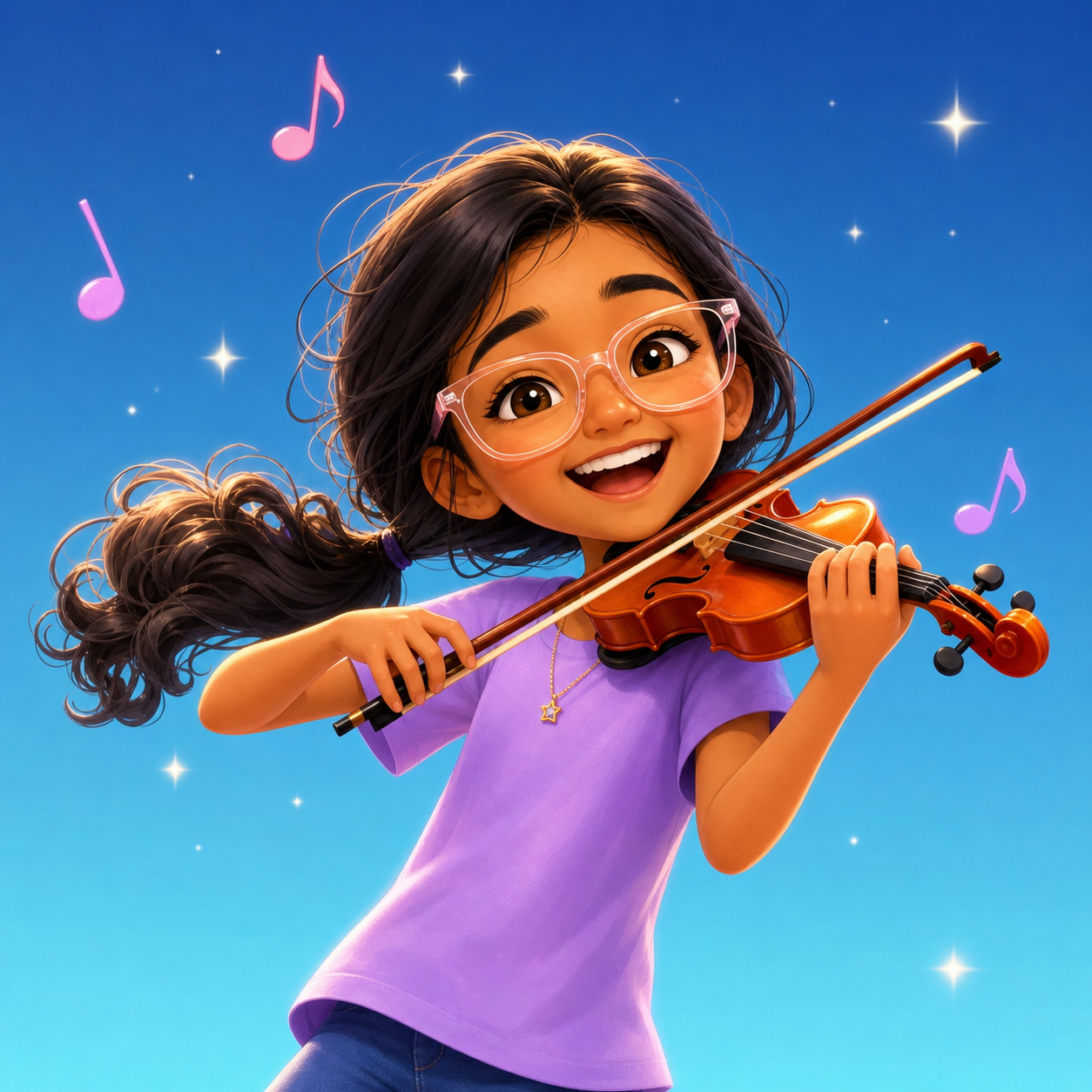 Aarohi playing violin with musical notes floating around her