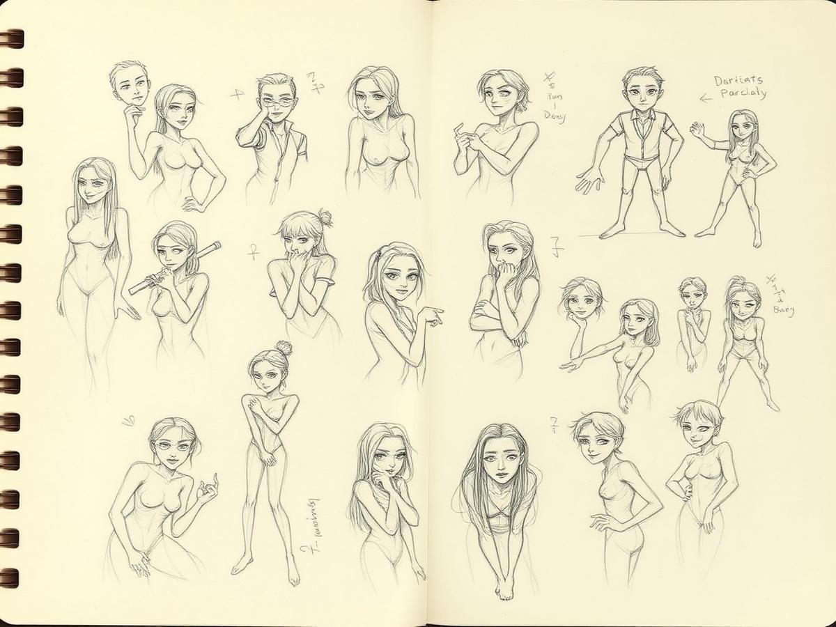 Pencil sketches of characters and poses